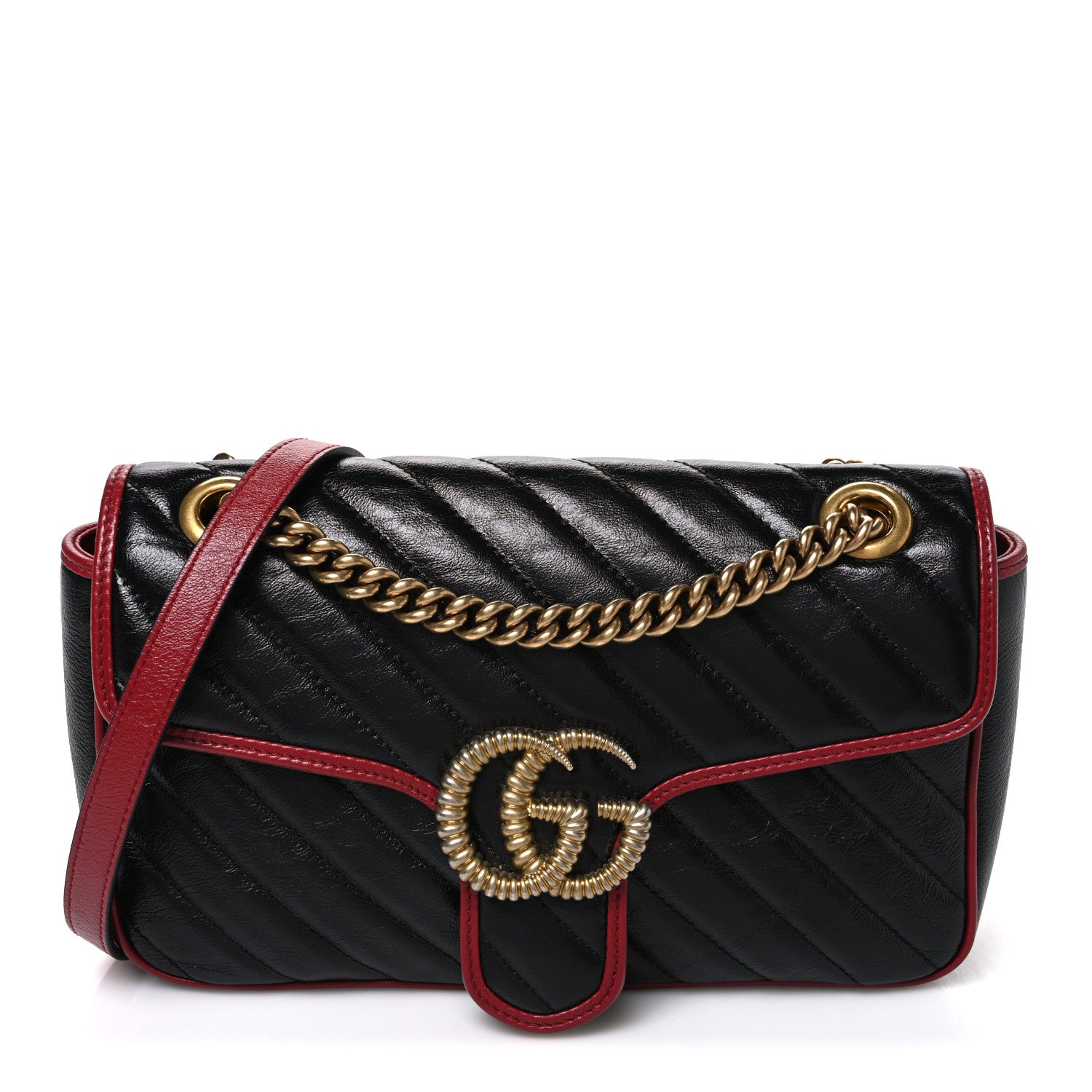 Gucci Vintage Effect Calfskin Matelasse Diagonal Small Torchon GG Marmont Shoulder Bag Black Romantic Cherry 1 of 10