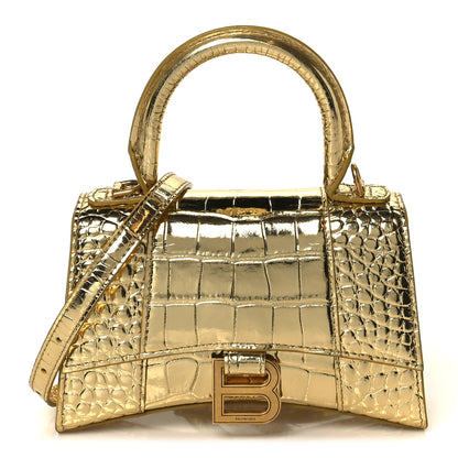 Balenciaga Metallic Calfskin Crocodile Embossed Hourglass Top Handle Bag XS Gold Gold 1 of 11