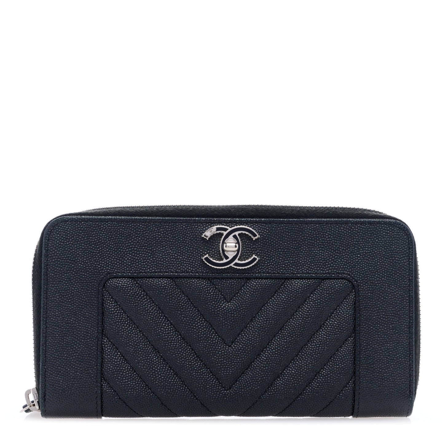 Caviar Sheepskin Chevron Quilted Mademoiselle Vintage Zip Around Wallet Black