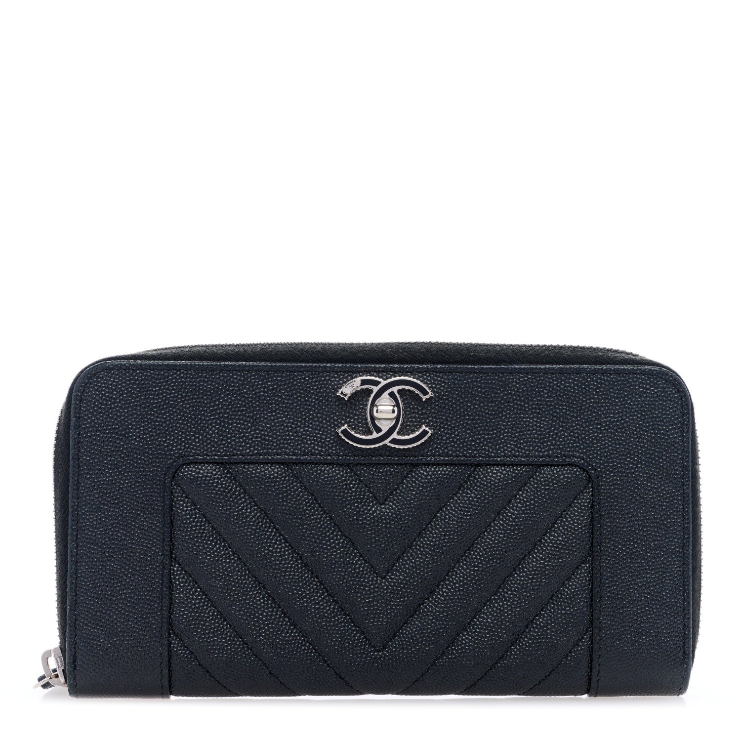 Chanel Caviar Sheepskin Chevron Quilted Mademoiselle Vintage Zip Around Wallet Black 1 of 7