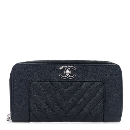 Chanel Caviar Sheepskin Chevron Quilted Mademoiselle Vintage Zip Around Wallet Black 1 of 7