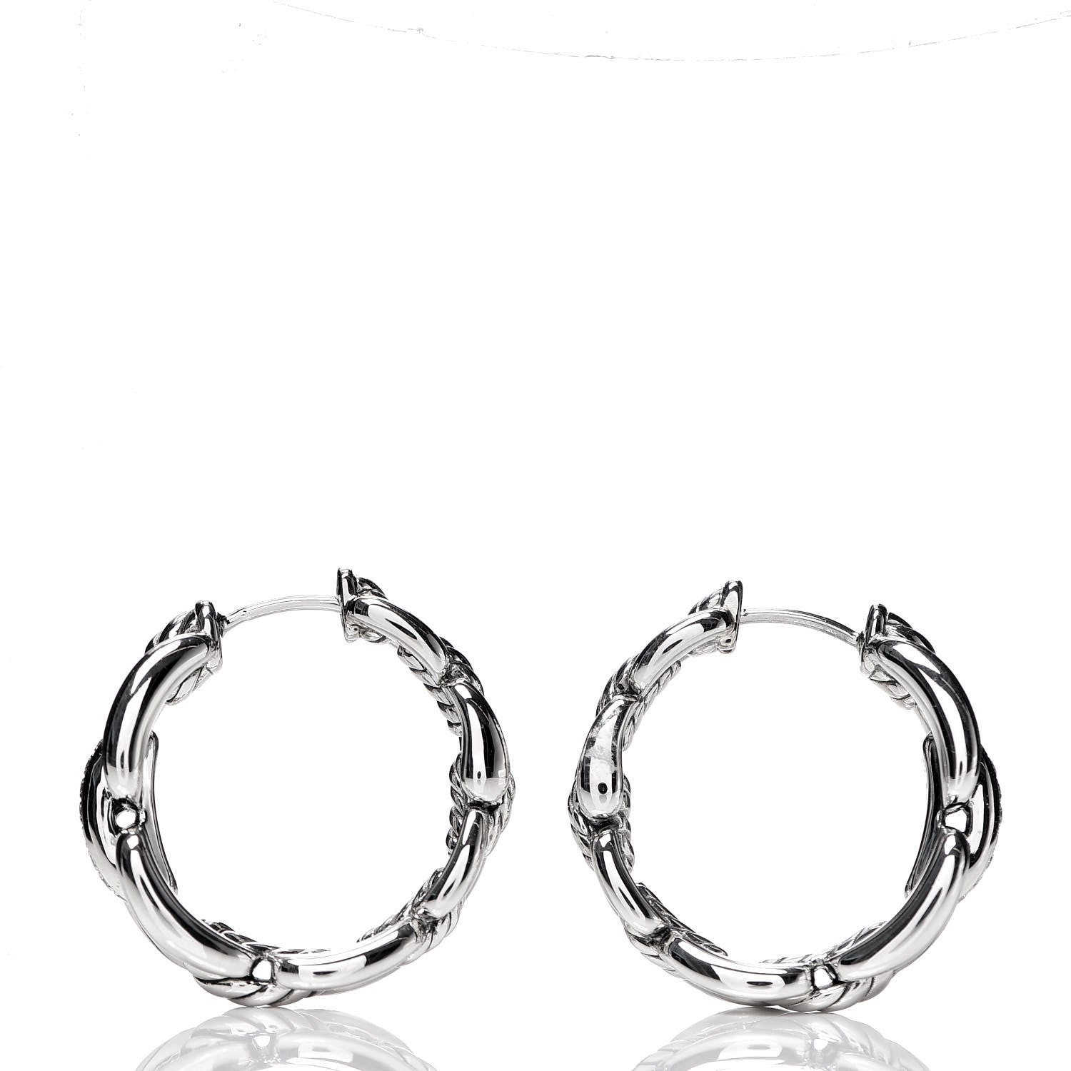 David Yurman Sterling Silver Diamond 23mm Wellesley Hoop Earrings 2 of 5