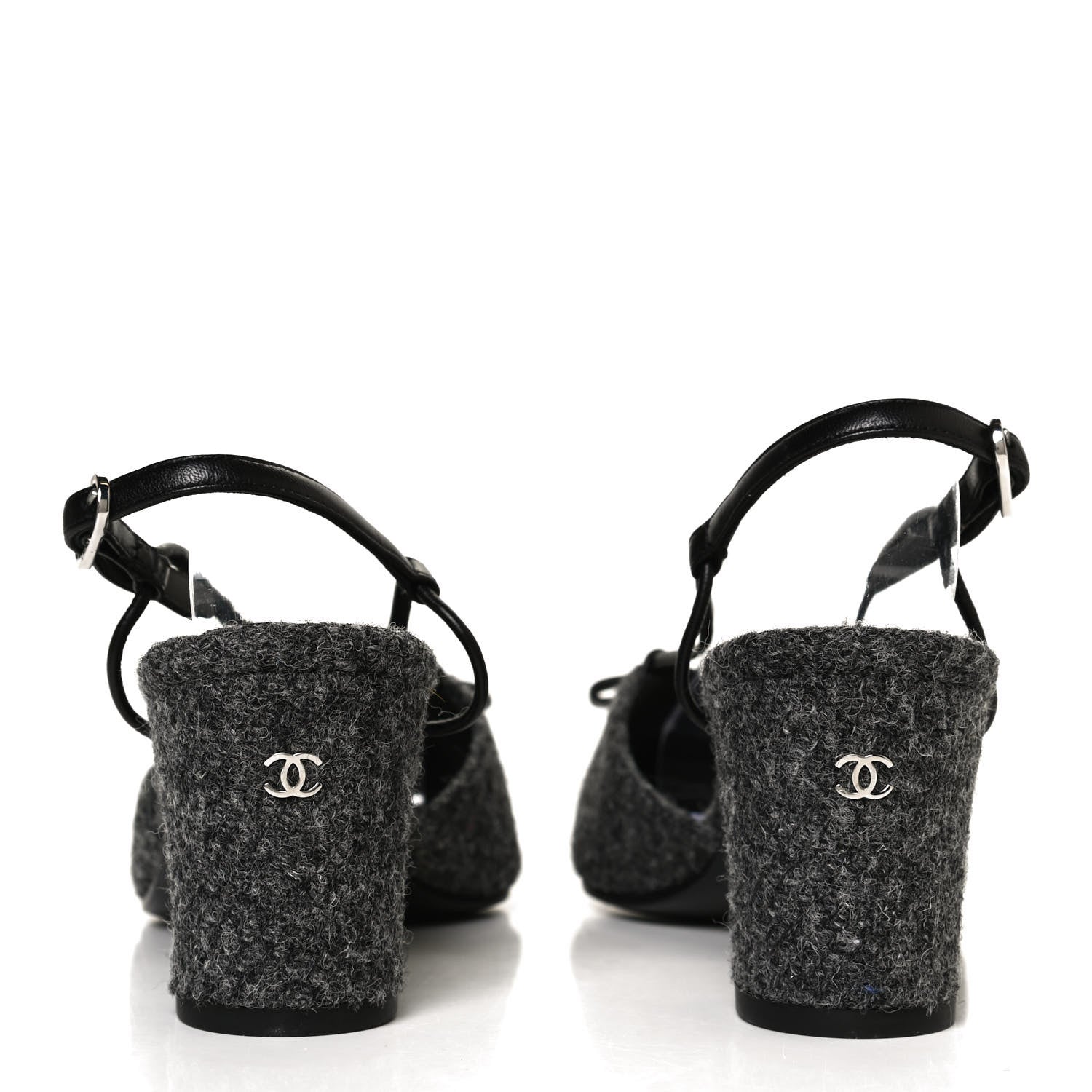 Chanel Tweed Satin Slingback Cap Toe Bow Pumps 39.5 Grey Black 6 of 11