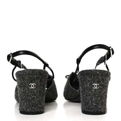 Chanel Tweed Satin Slingback Cap Toe Bow Pumps 39.5 Grey Black 6 of 11