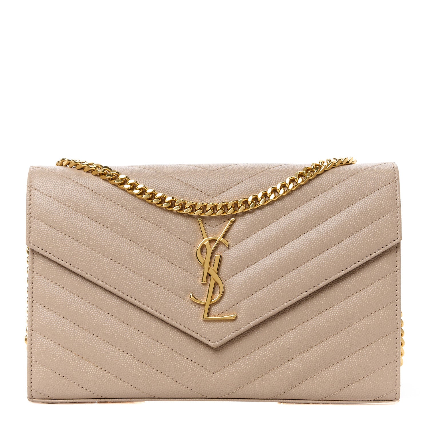 Saint Laurent Grain De Poudre Matelasse Chevron Monogram Chain Wallet Dark Beige 1 of 9