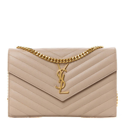 Saint Laurent Grain De Poudre Matelasse Chevron Monogram Chain Wallet Dark Beige 1 of 9