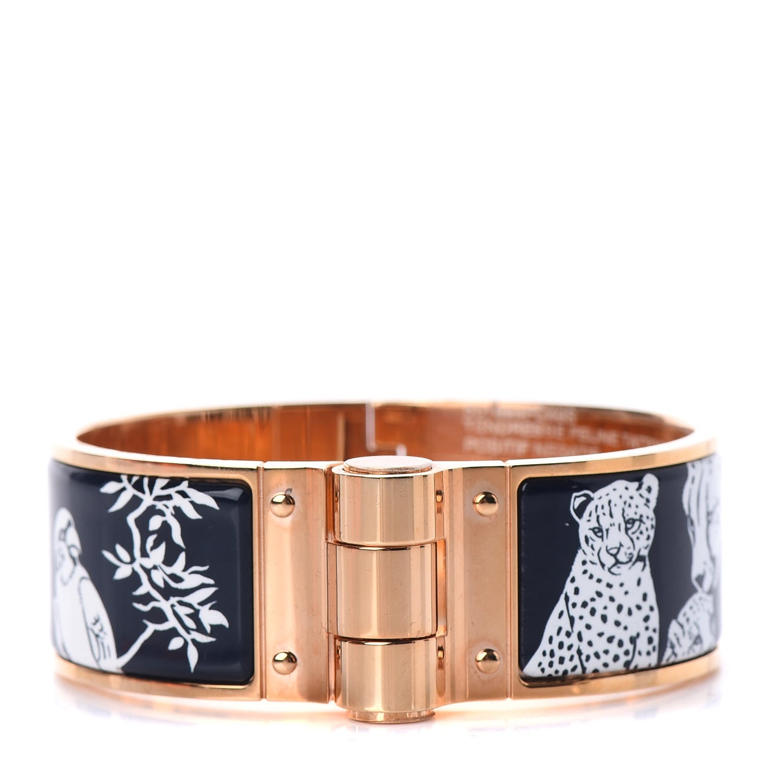 Hermes Enamel Printed Wide Charniere Tendresse Feline Tattoo Hinged Bracelet S Positif Negatif 1 of 6