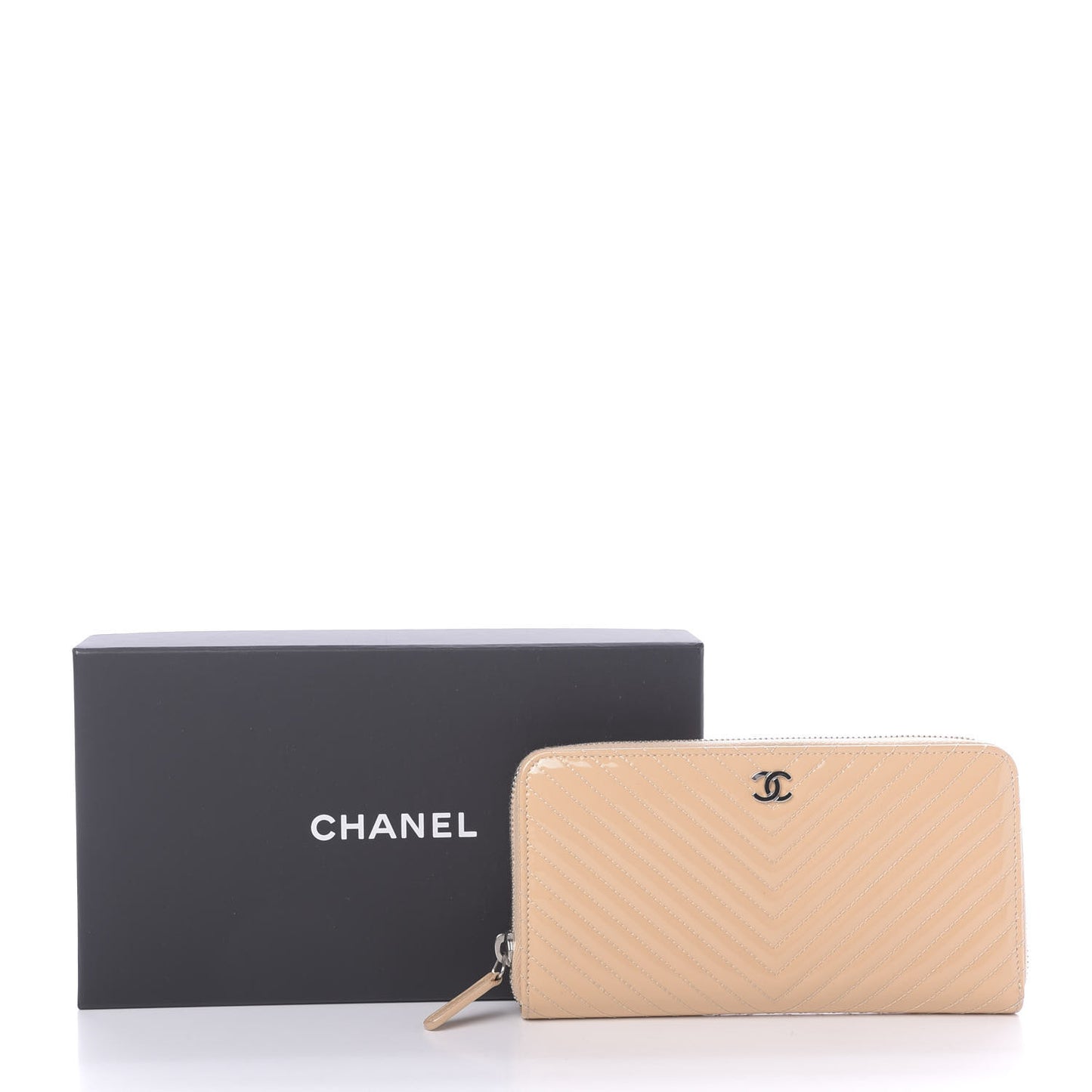 Patent Chevron Quilted Zip Around Wallet Beige