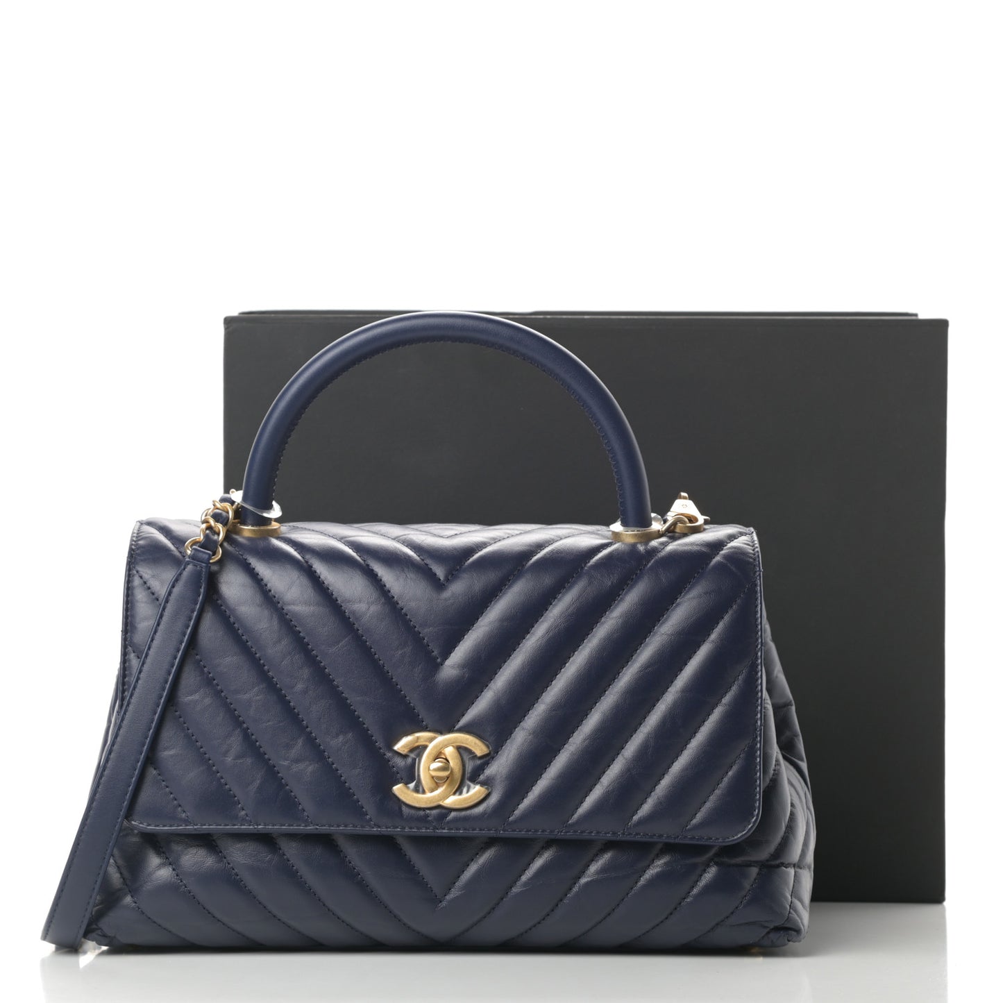 Aged Calfskin Chevron Quilted Small Coco Handle Flap Navy