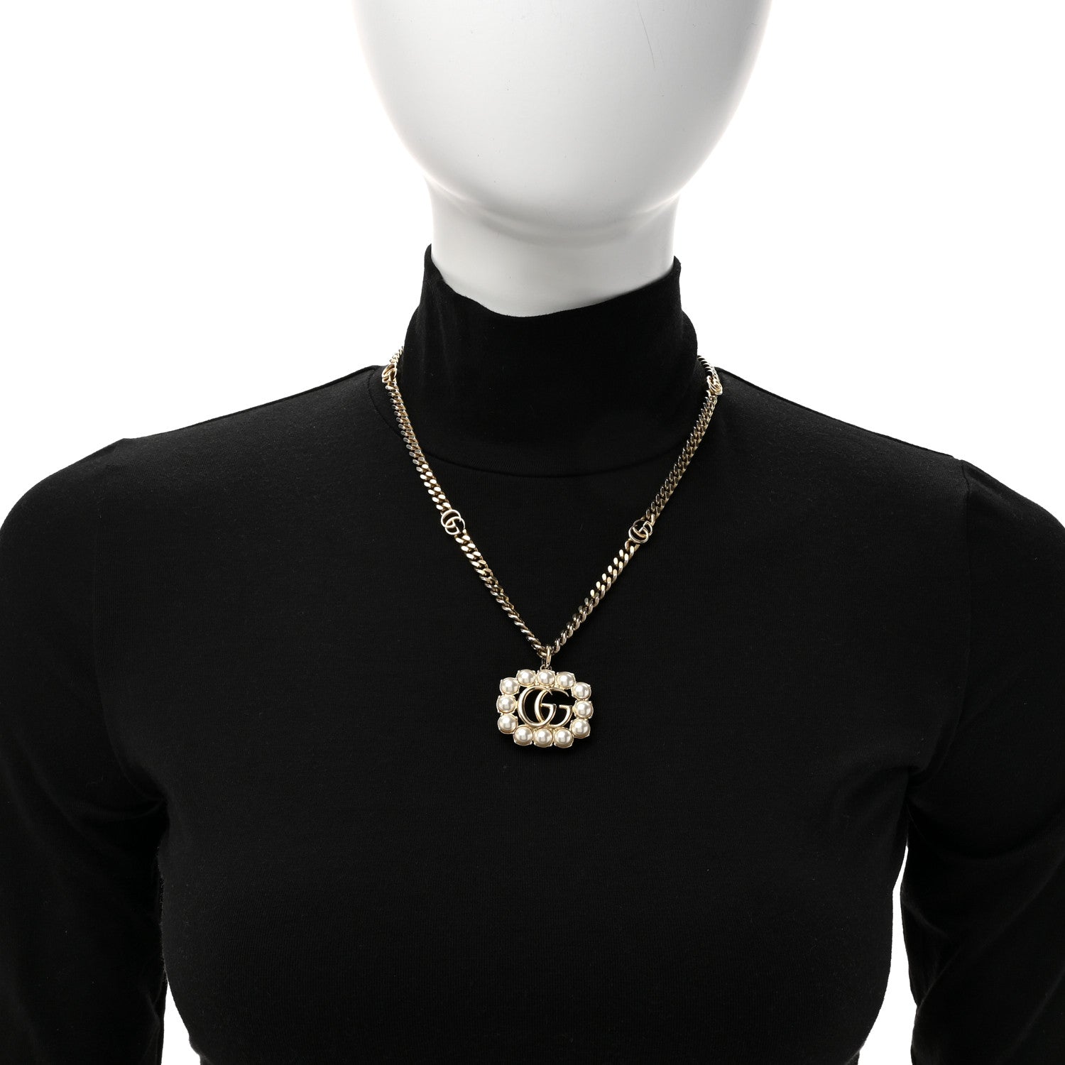 Gucci Pearl Embellished Double G Necklace Aged Gold 2 of 5