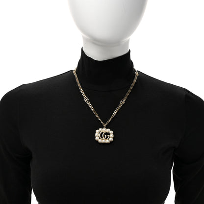 Gucci Pearl Embellished Double G Necklace Aged Gold 2 of 5