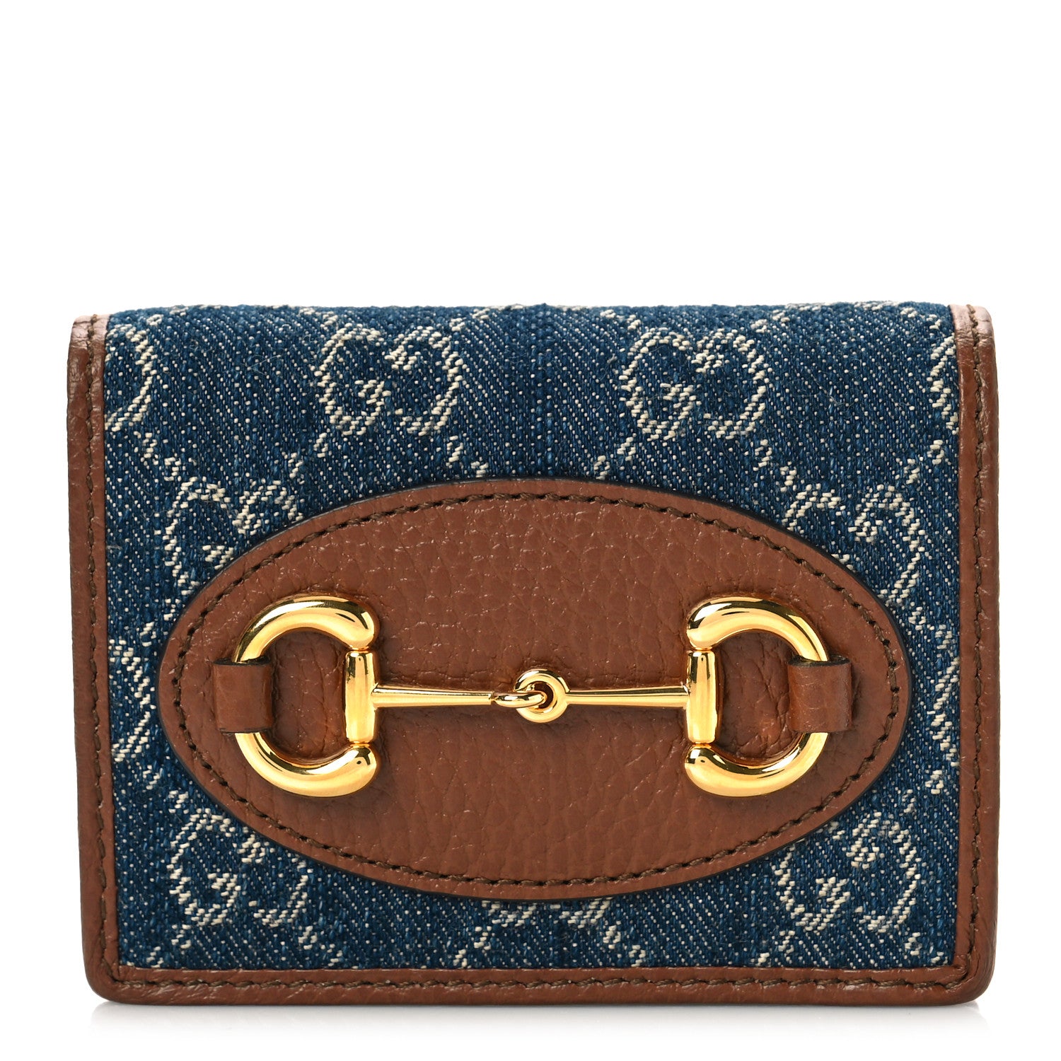 Gucci New Denim GG Monogram Dollar Calfskin Horsebit 1955 Card Case Wallet Blue Tea Cuir Epilog 1 of 9