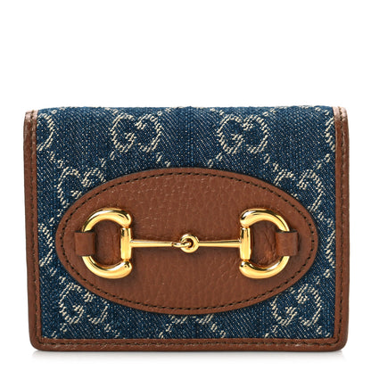 Gucci New Denim GG Monogram Dollar Calfskin Horsebit 1955 Card Case Wallet Blue Tea Cuir Epilog 1 of 9