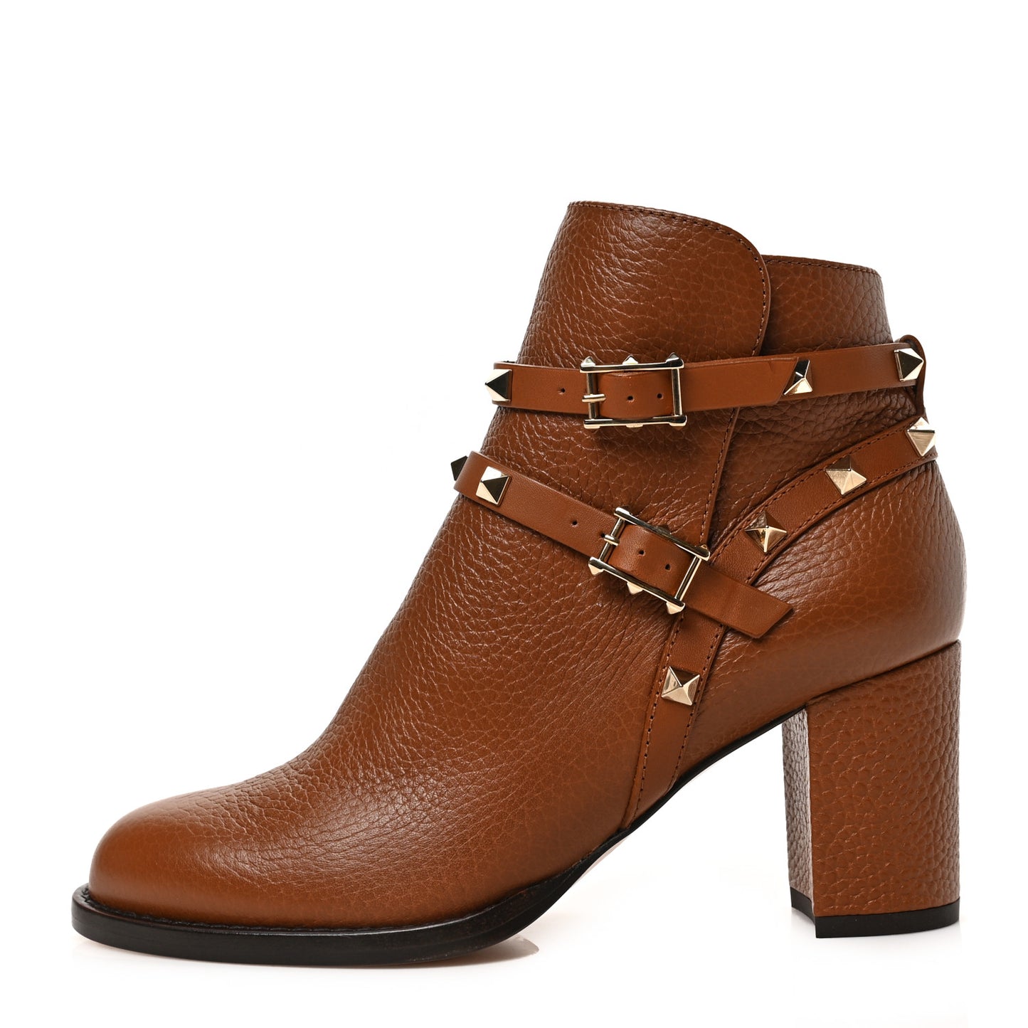 Pebbled Calfskin Rockstud Double Buckle 70mm Block Heel Ankle Boots 36 Bright Cognac
