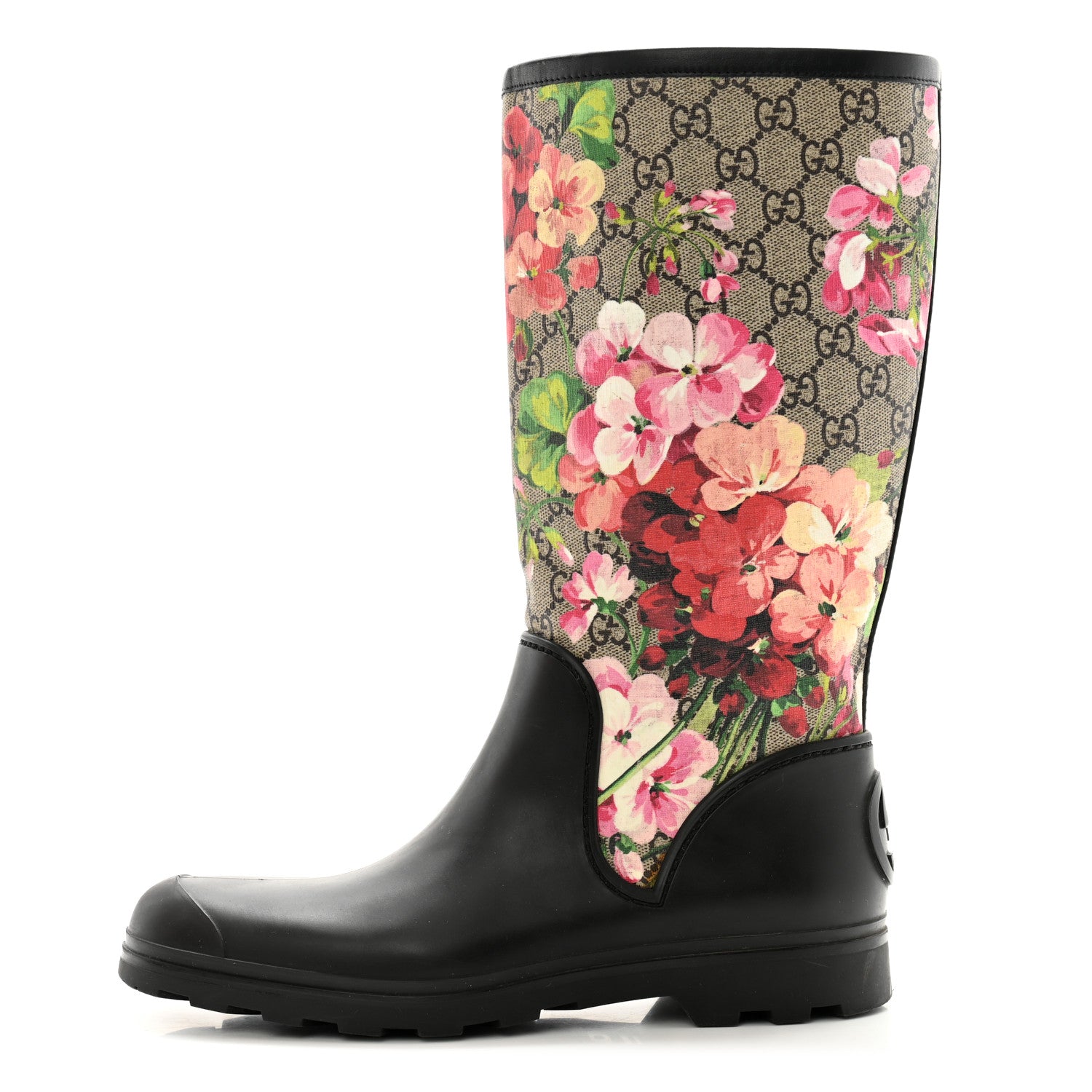 Gucci GG Supreme Monogram Blooms Flat Rubber Boots 40 Beige Multicolor 1 of 10