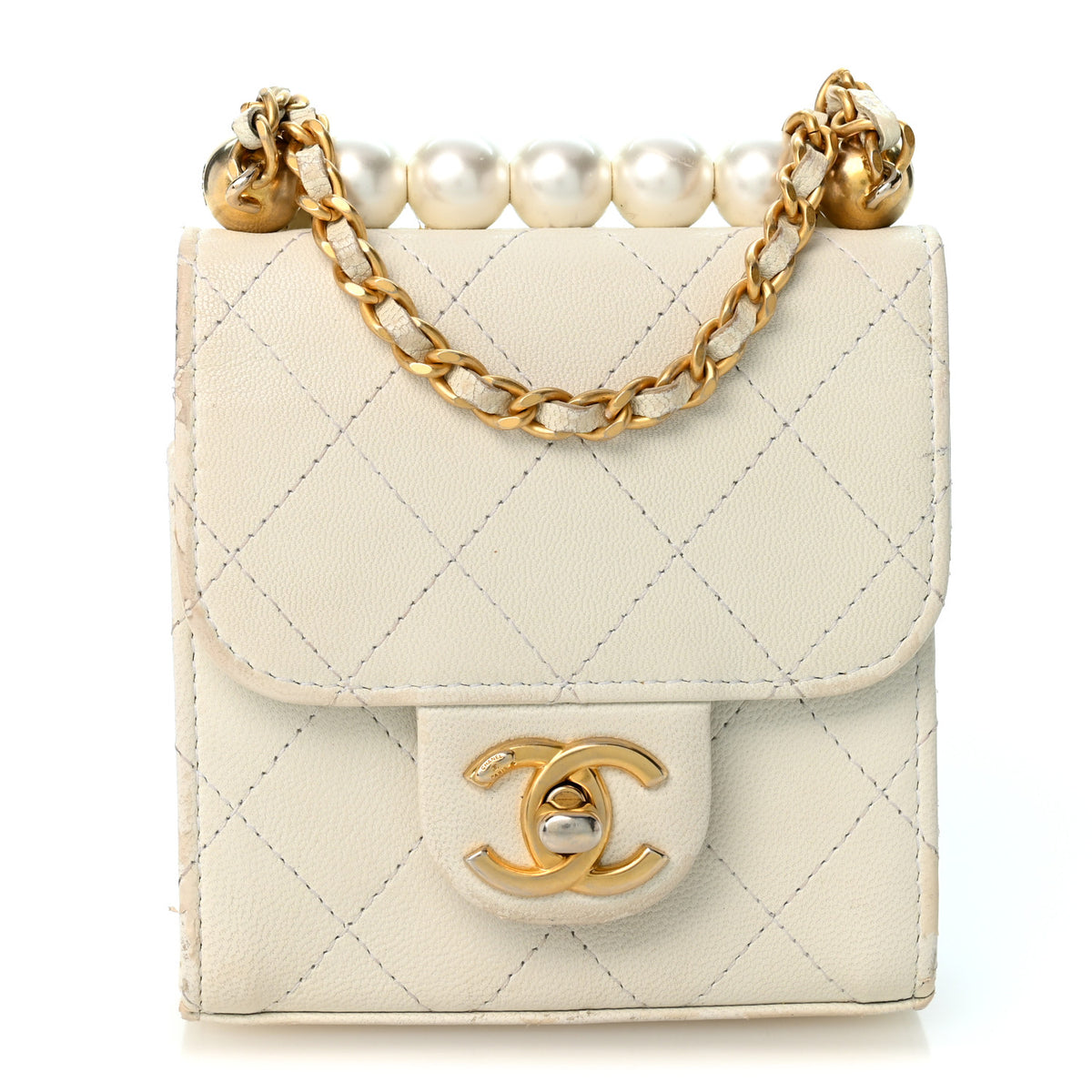 Goatskin Chic Pearls Clutch On Chain White