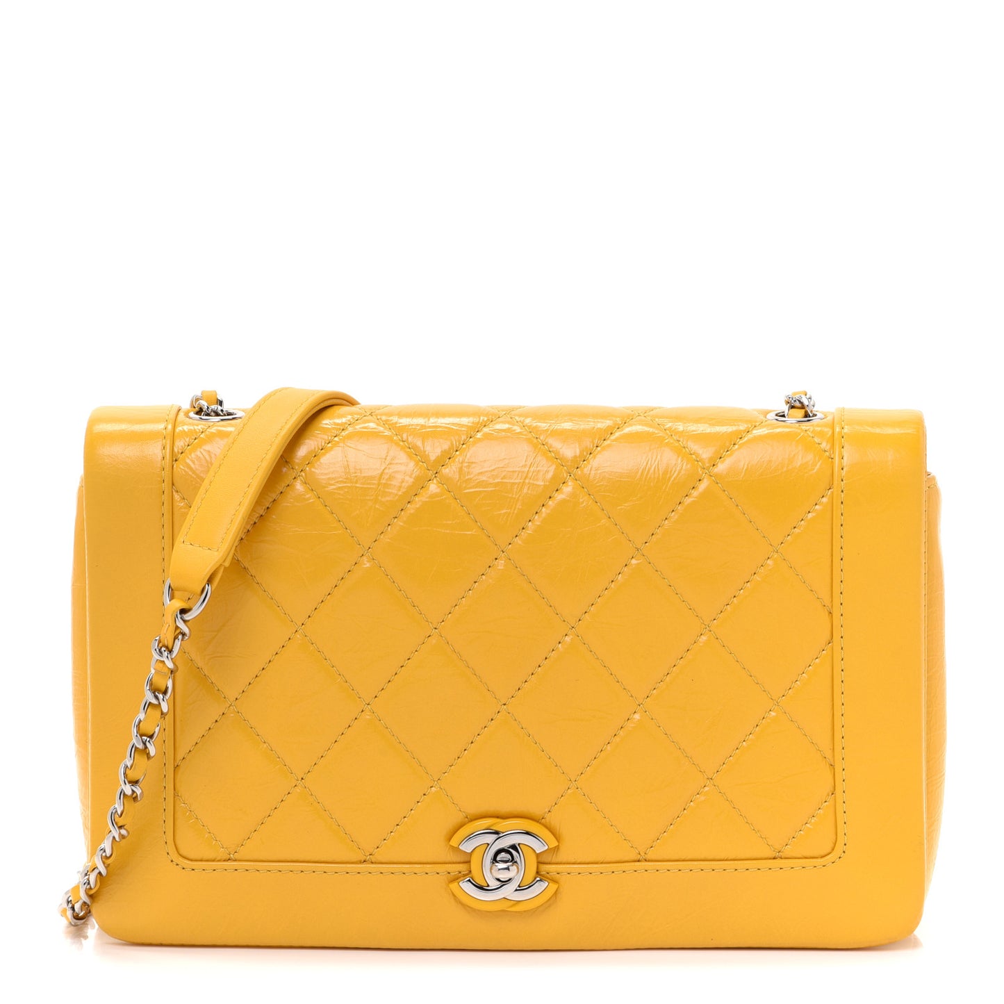 Shiny Aged Calfskin Quilted Flap Yellow