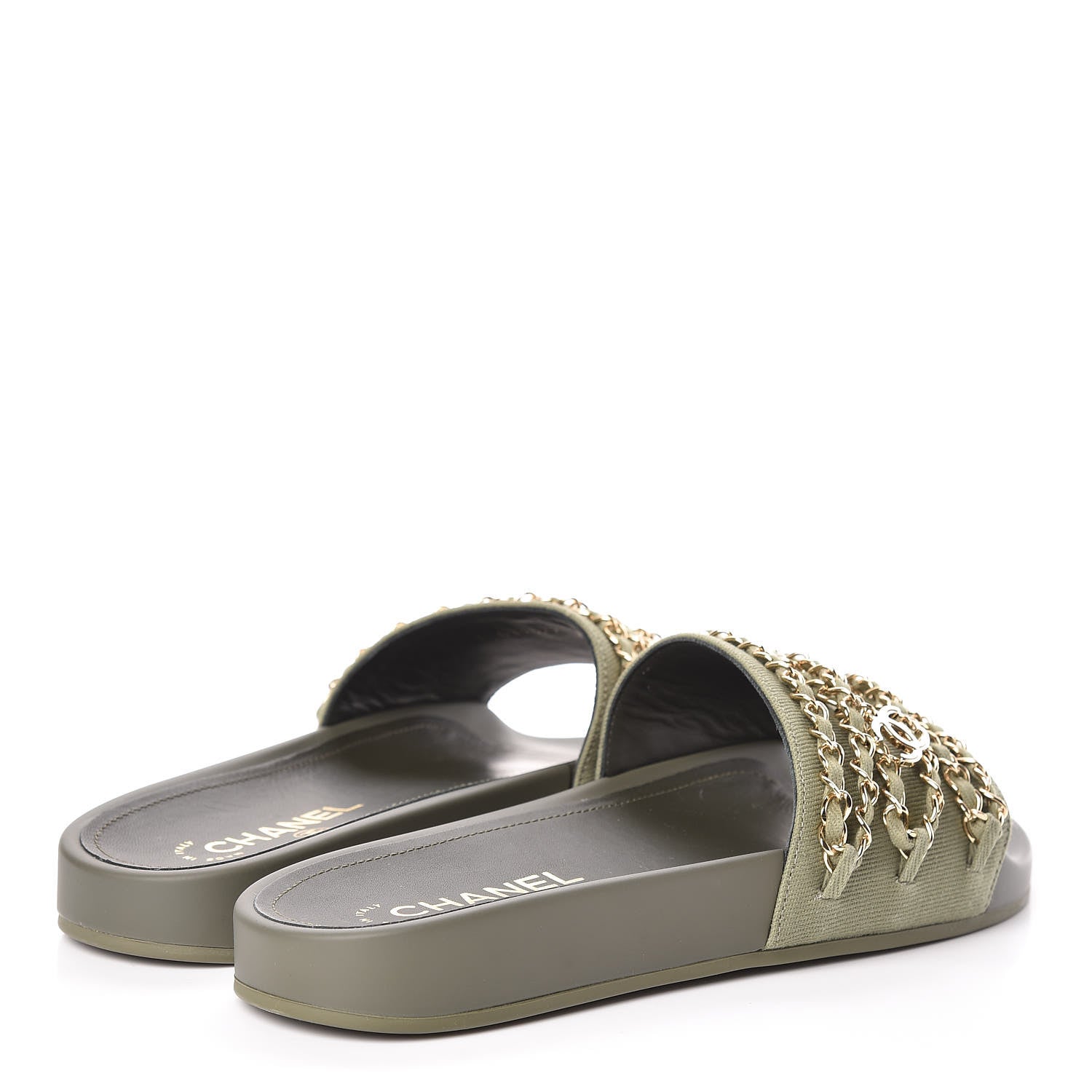 Chanel Canvas Chain Flat Sandals 38 Khaki 4 of 9