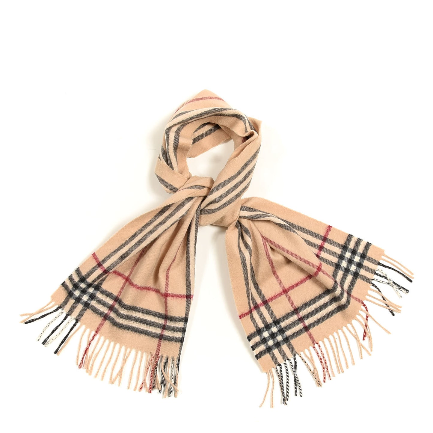 Cashmere Wool Check Fringe Scarf Beige