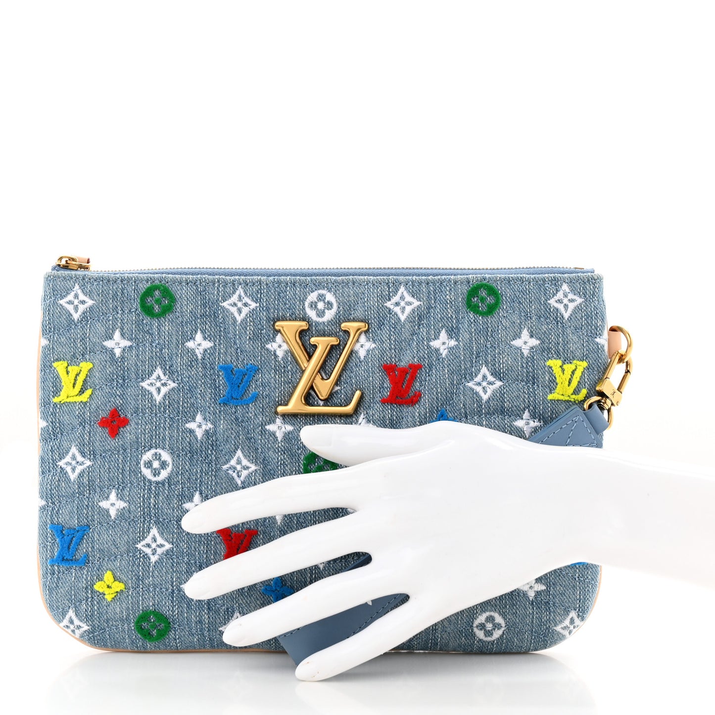 Embroidered Monogram Denim New Wave Zipped Pochette Blue