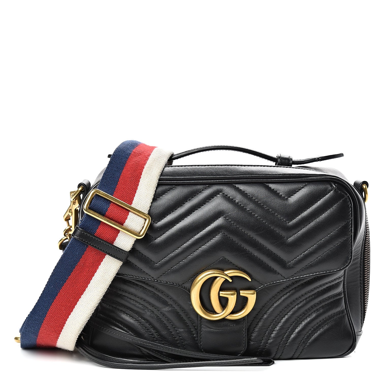 Gucci Calfskin Matelasse Sylvie Web Small GG Marmont Top Handle Shoulder Bag Black 1 of 16