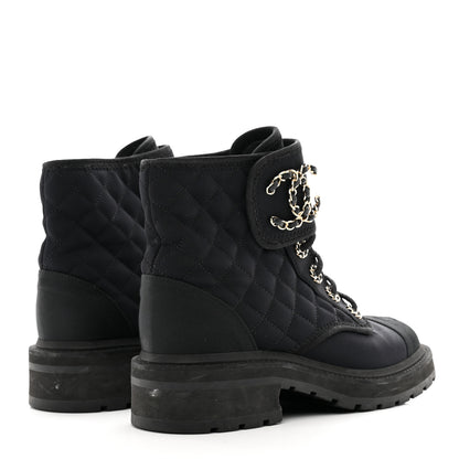 Chanel Fabric Grosgrain Quilted Cap Toe Lace Up Combat Boots 37 Black 4 of 9