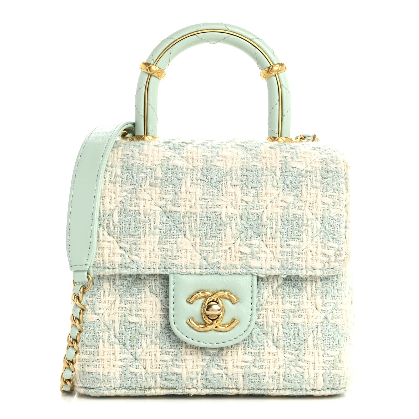 Tweed Handle Crush Top Handle Flap Bag Light Blue Ecru