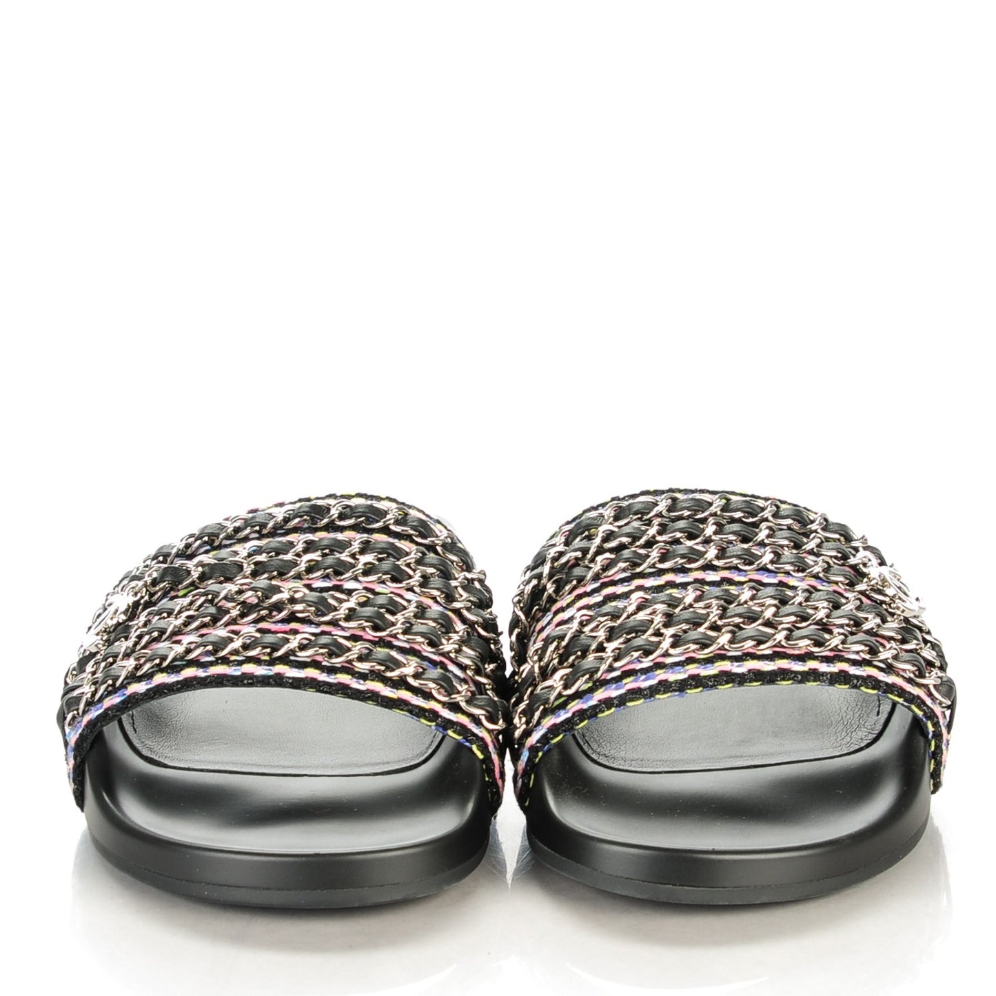 Tweed Lambskin Chain Flat Sandals 39 Black Multicolor