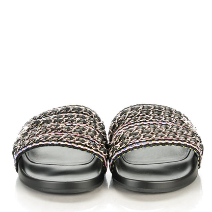 Chanel Tweed Lambskin Chain Flat Sandals 39 Black Multicolor 2 of 9