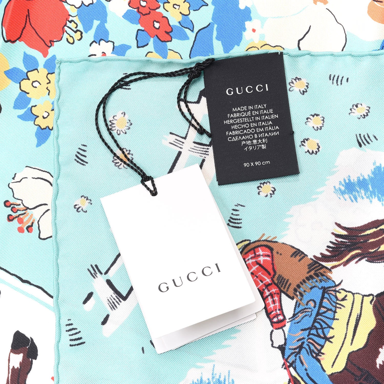 Gucci Silk Twill Rodeo Day Square Scarf Aqua Ivory 3 of 4