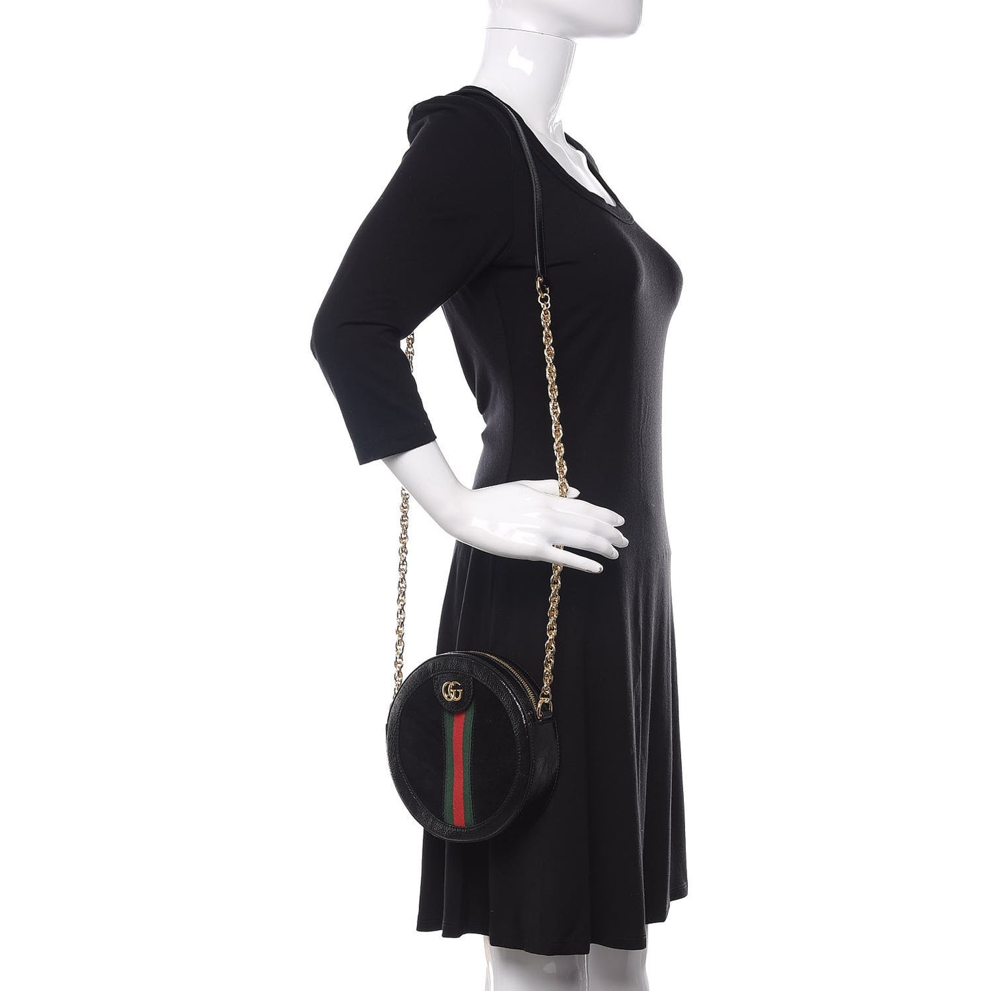 Suede Patent Web Mini Ophidia Round Shoulder Bag Black