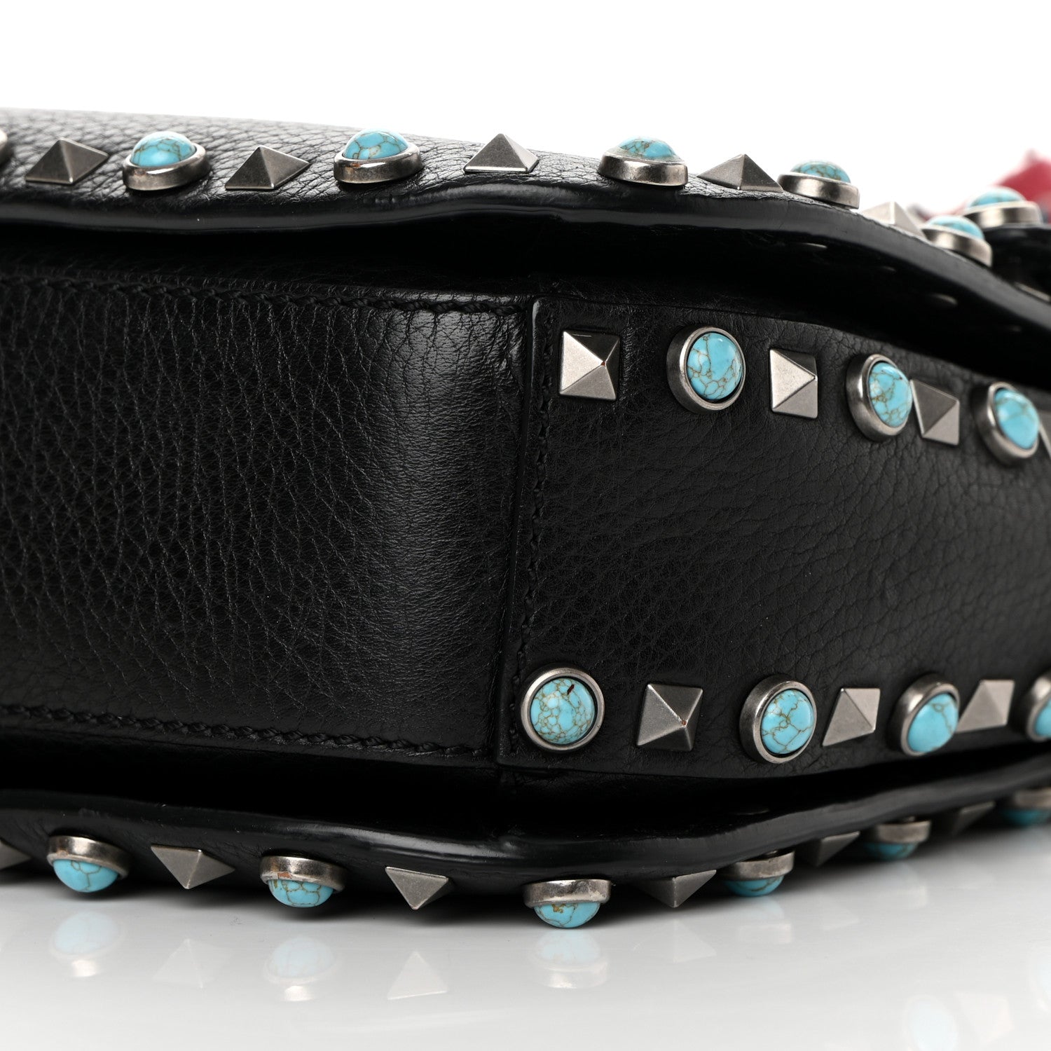 Valentino Garavani Pebbled Calfskin Turquoise Medium Guitar Strap Rockstud Rolling Flap Saddle Bag Black 9 of 17