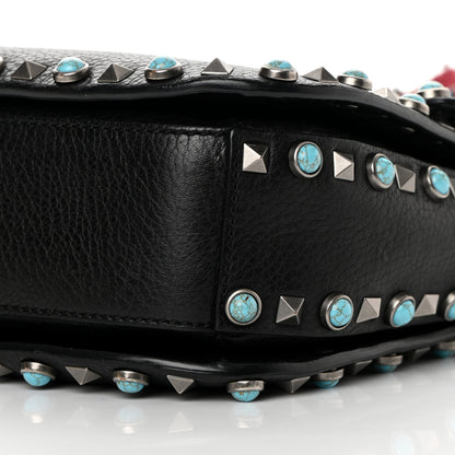 Valentino Garavani Pebbled Calfskin Turquoise Medium Guitar Strap Rockstud Rolling Flap Saddle Bag Black 9 of 17