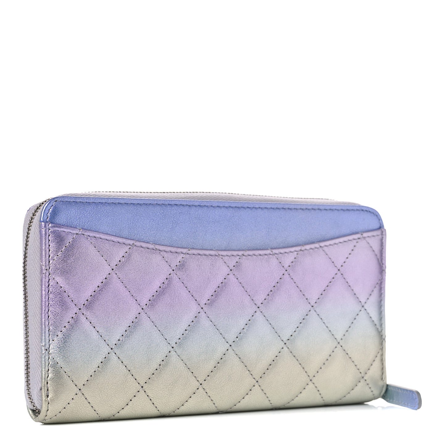 Gradient Metallic Calfskin Quilted Large Gusset Zip Around Wallet Purple Silver Blue Yellow Purple