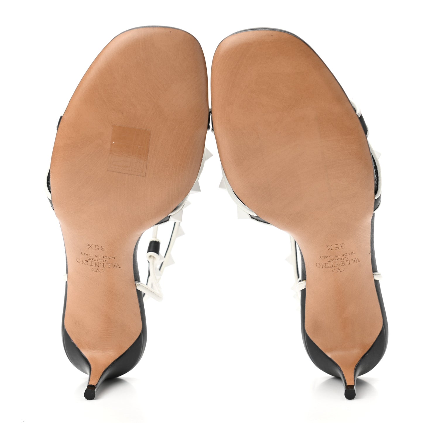 Calfskin Free Rockstud Ankle T-Strap Low Heel Sandals 35.5 Black Optic White