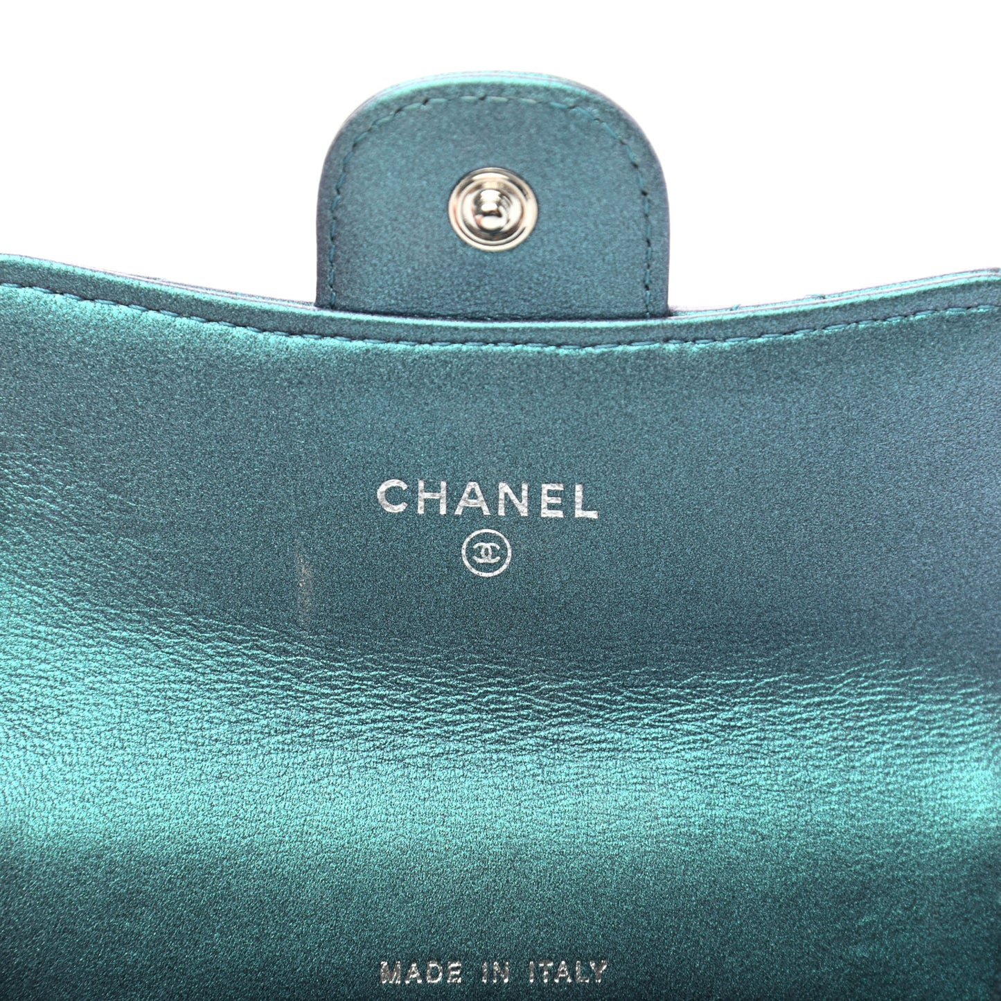 Iridescent Lambskin Quilted Flap Card Holder Turquoise