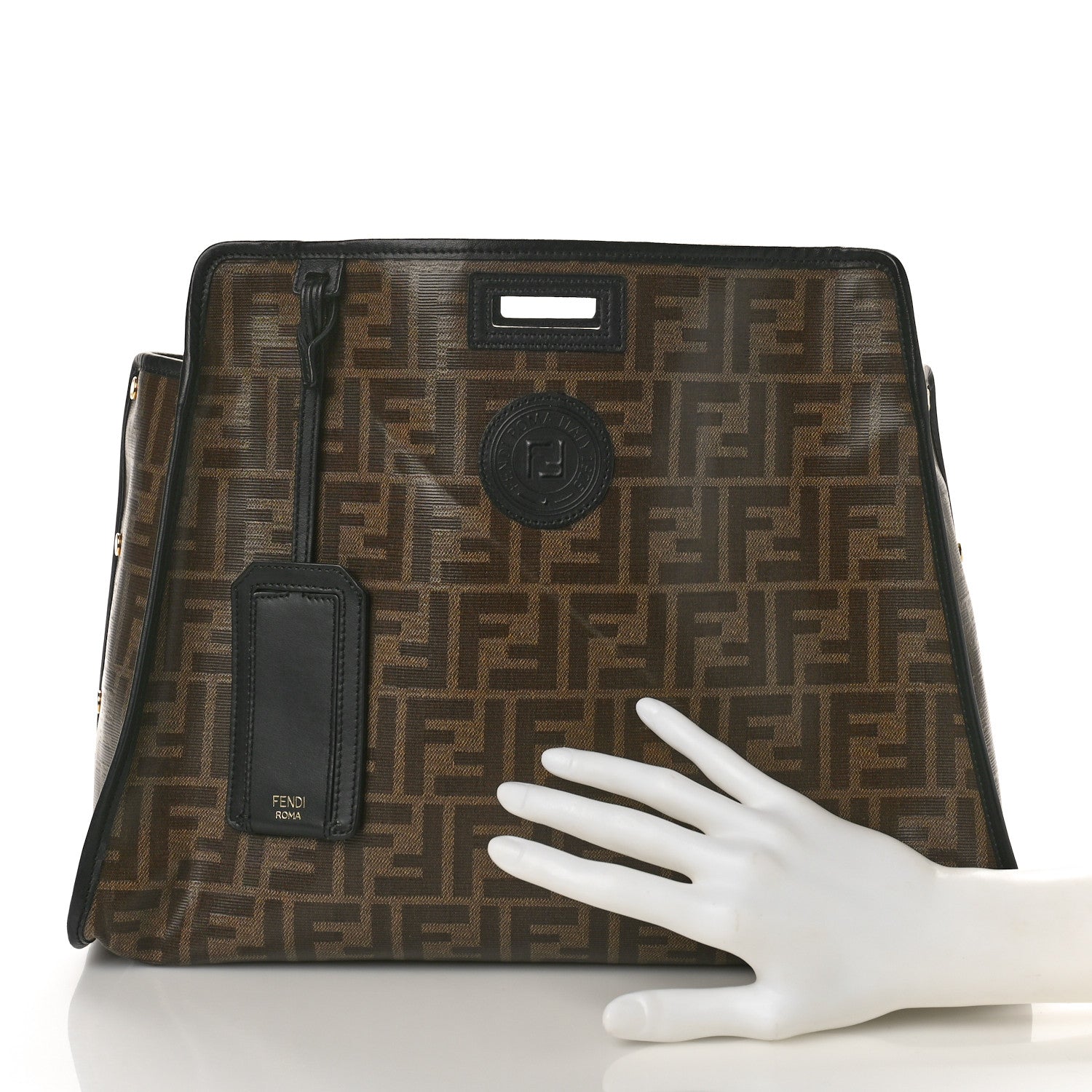 Fendi Glazed Fabric Vitello Century FF 1974 Stamp Patch Medium Peekaboo Defender Cover Mogano Panna Black 2 of 9