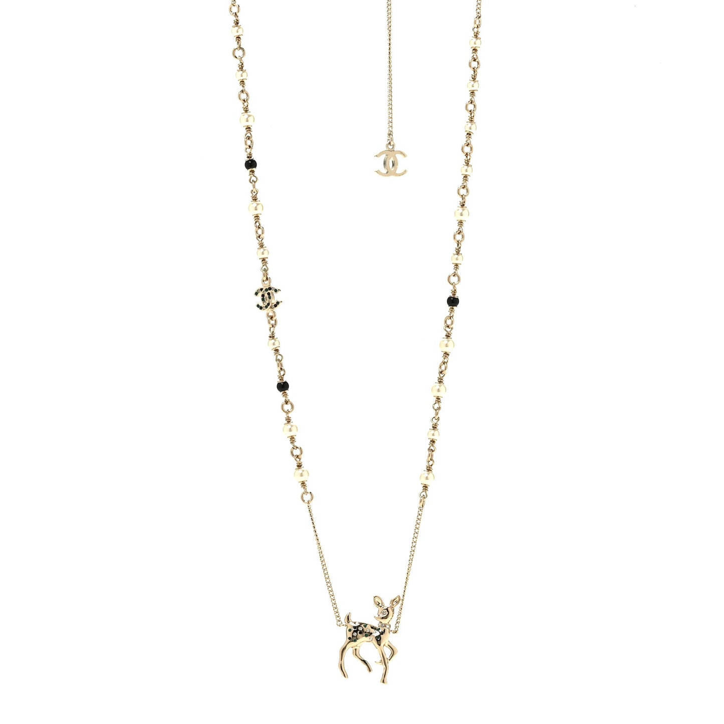 Pearl Crystal CC Deer Long Necklace Gold Green