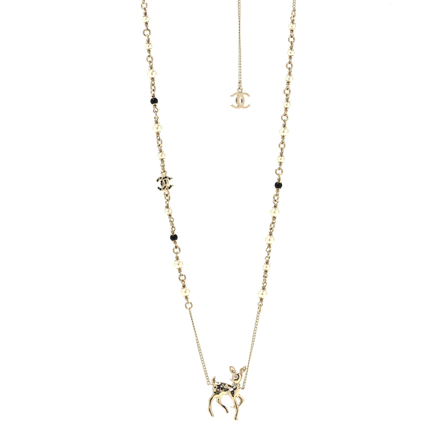 Chanel Pearl Crystal CC Deer Long Necklace Gold Green 1 of 5