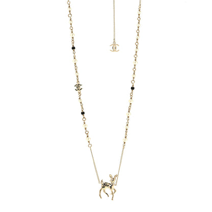 Chanel Pearl Crystal CC Deer Long Necklace Gold Green 1 of 5