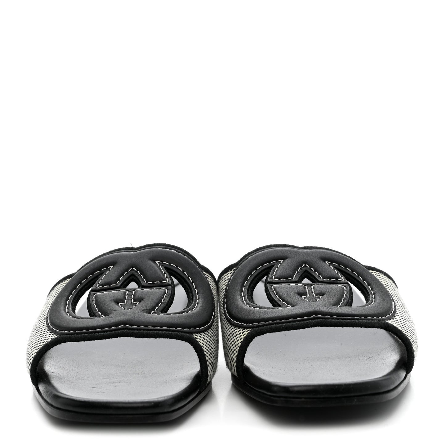 Cosmo Softy Calfskin Canvas Interlocking G Cut Out Slide Sandals 37.5 Natural Black