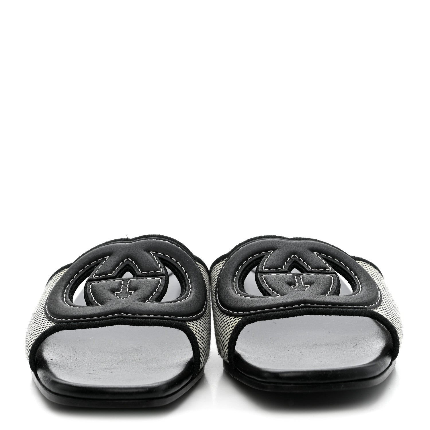 Gucci Cosmo Softy Calfskin Canvas Interlocking G Cut Out Slide Sandals 37.5 Natural Black 3 of 8
