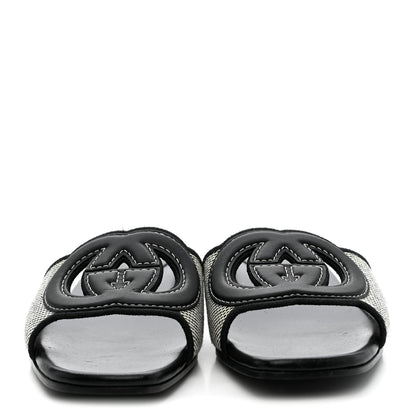 Gucci Cosmo Softy Calfskin Canvas Interlocking G Cut Out Slide Sandals 37.5 Natural Black 3 of 8