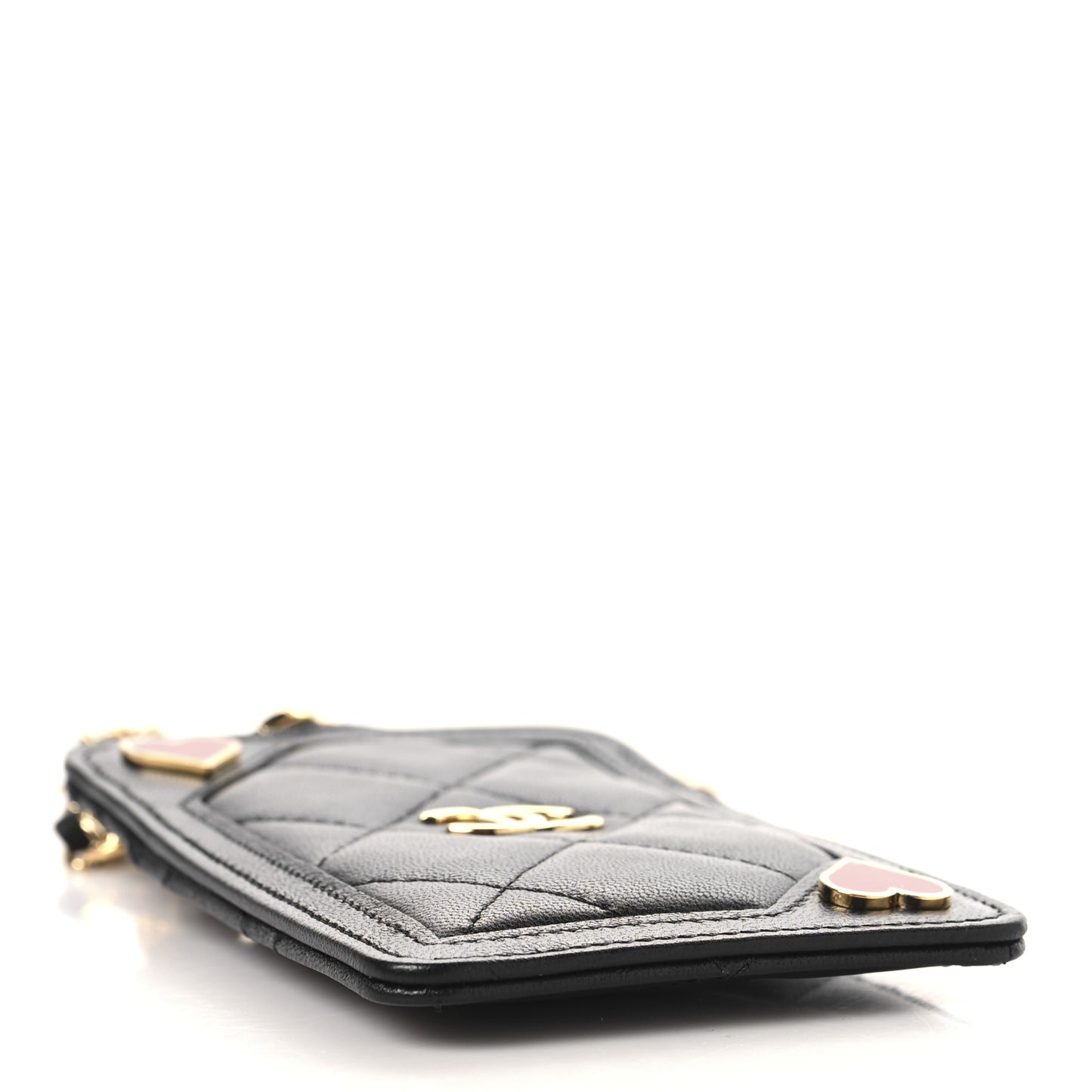 Lambskin Quilted Enamel Coco Casino Card Holder On Chain Black