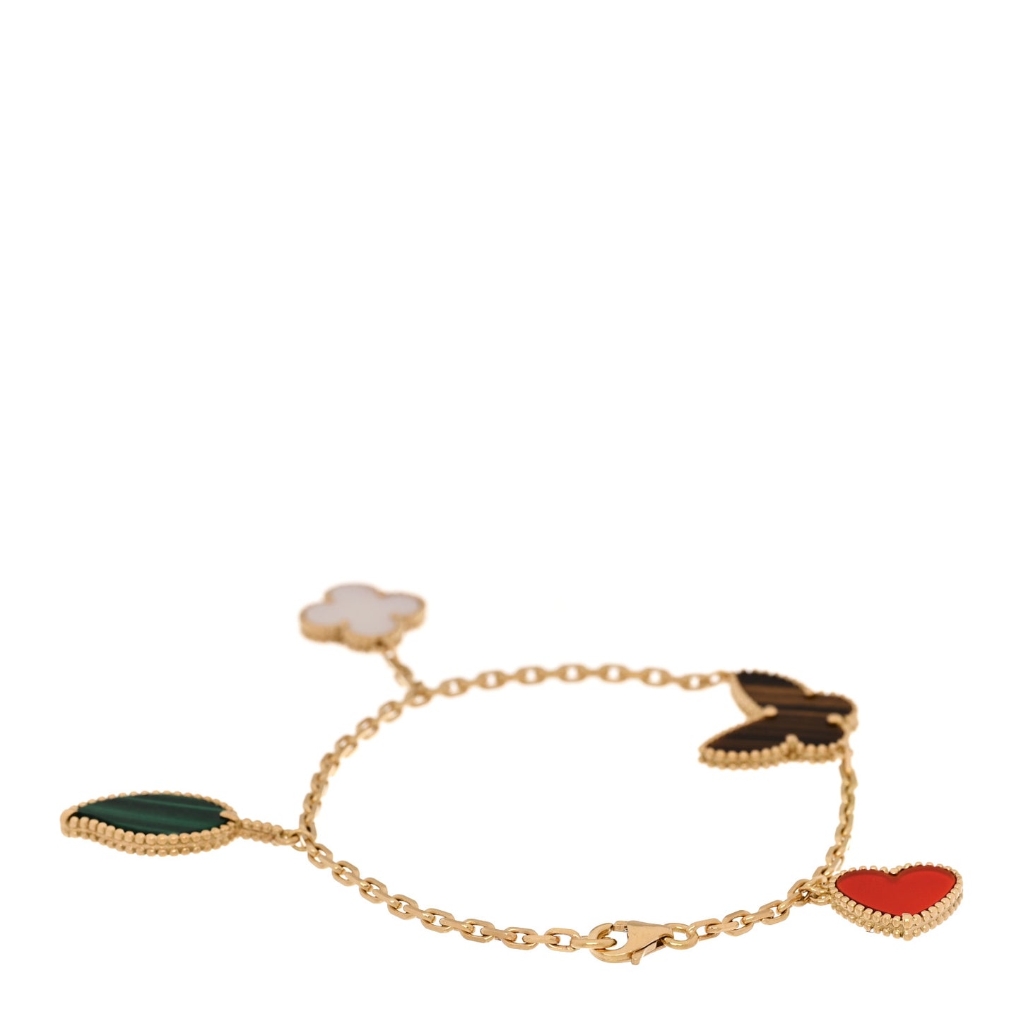 18K Yellow Gold Mother of Pearl Malachite Carnelian Tiger Eye 4 Motifs Lucky Alhambra Bracelet