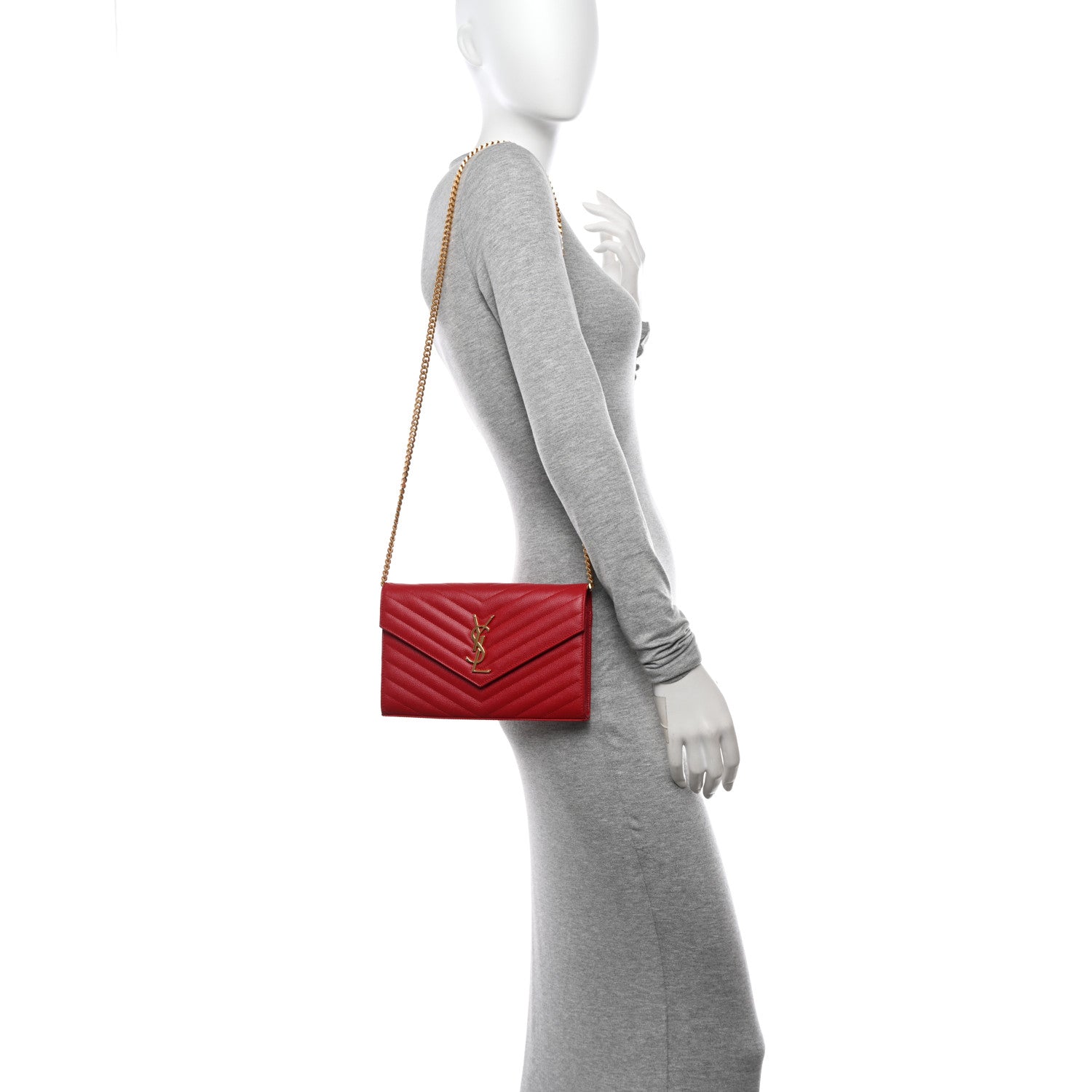 Saint Laurent Grain De Poudre Matelasse Chevron Monogram Chain Wallet Red 2 of 12