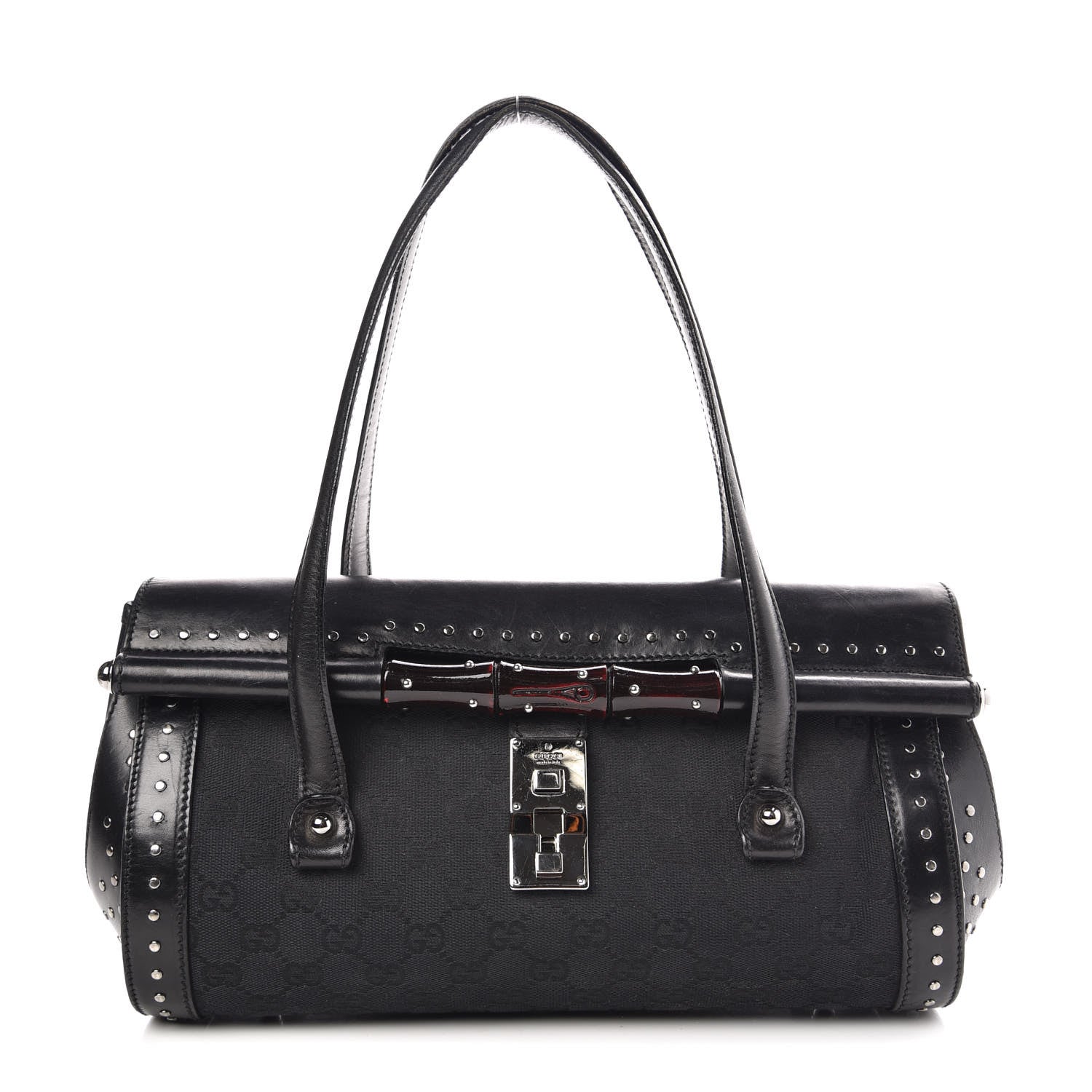 Gucci Monogram Studded Bamboo Bullet Satchel Black 1 of 9