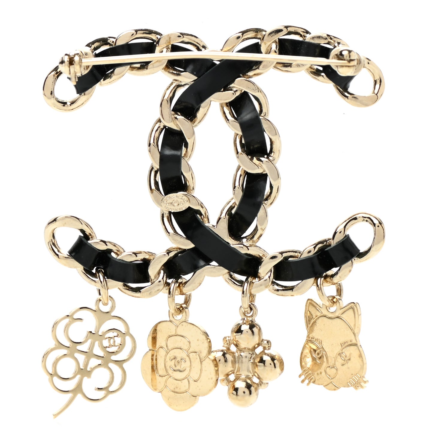 Lambskin Crystal Chain CC Charms Brooch Black Gold