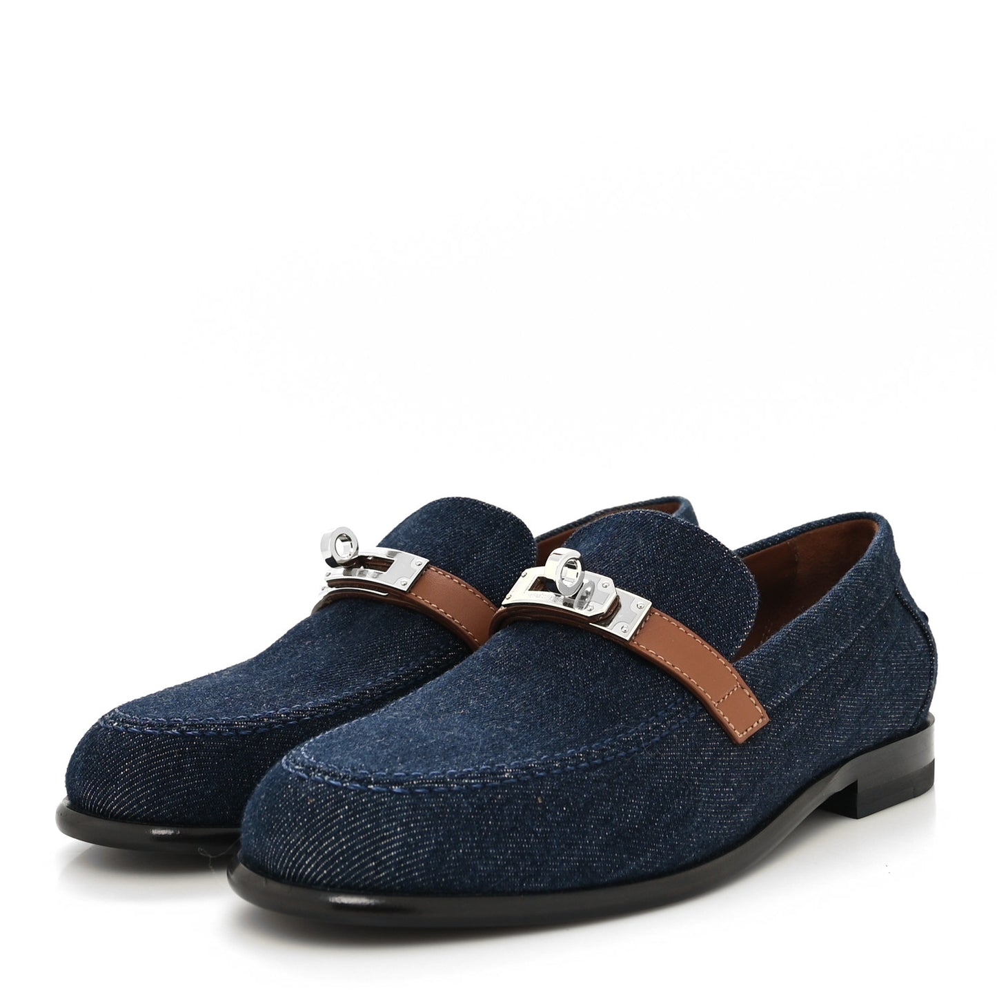 Denim Canvas Calfskin Womens Destin Loafer 36 Bleu Brut Gold
