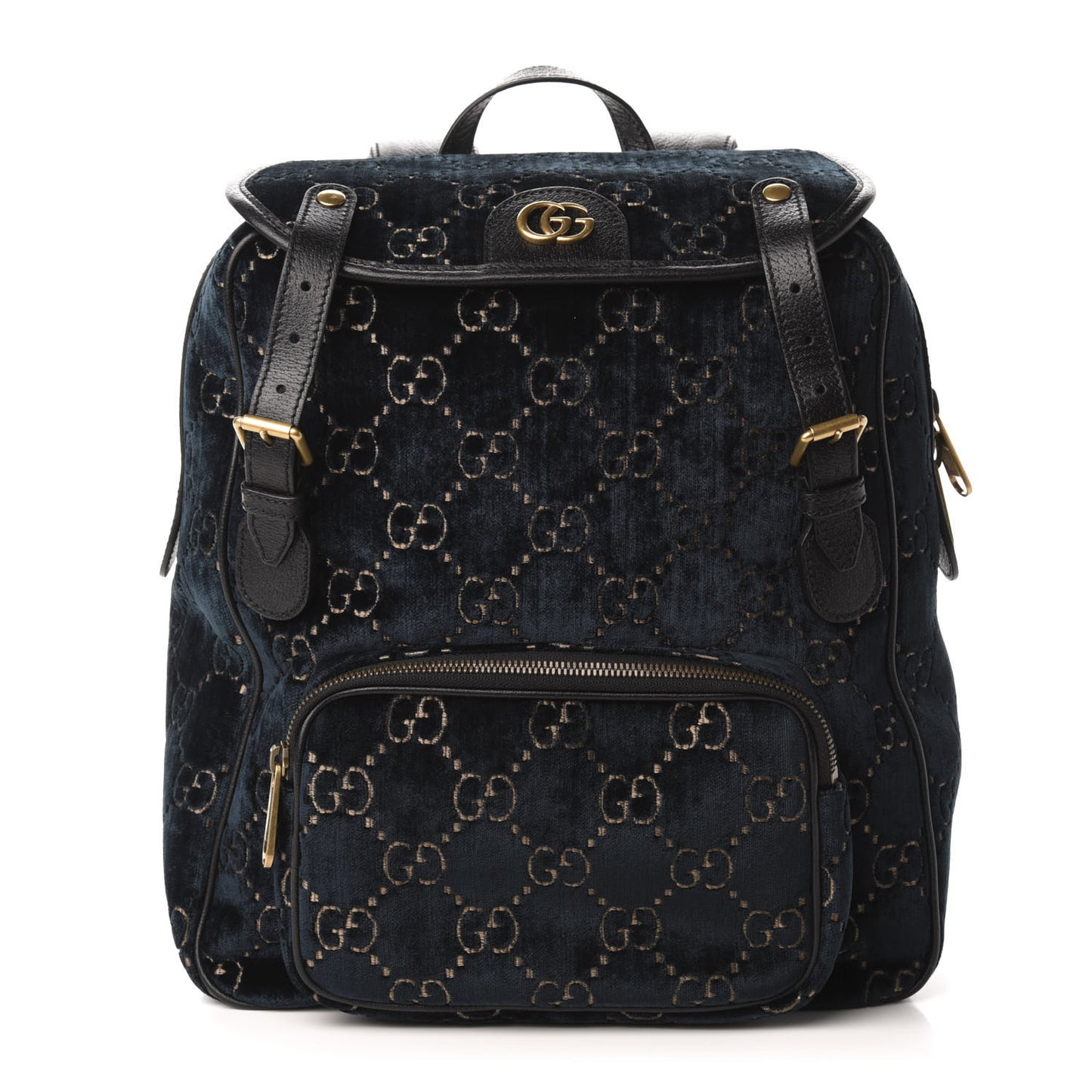 Velvet GG Monogram Textured Calfskin Web Small Double Buckle Backpack Blue Beige Black